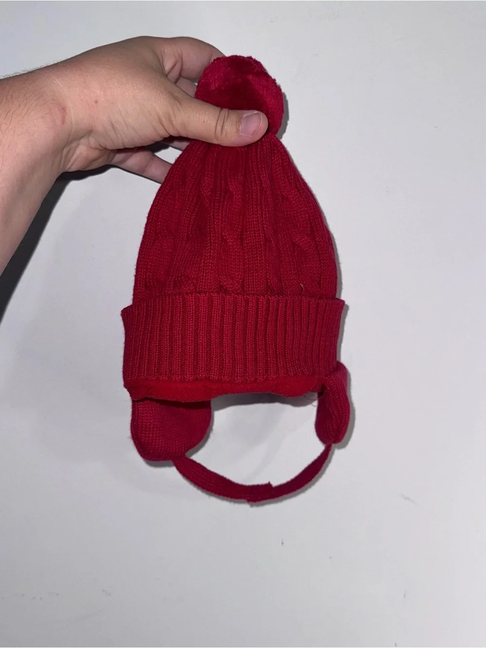 Baby Gap Red Cable Knit Pom Pom Trapper Beanie Hat 6-12 Months Fleece Lined